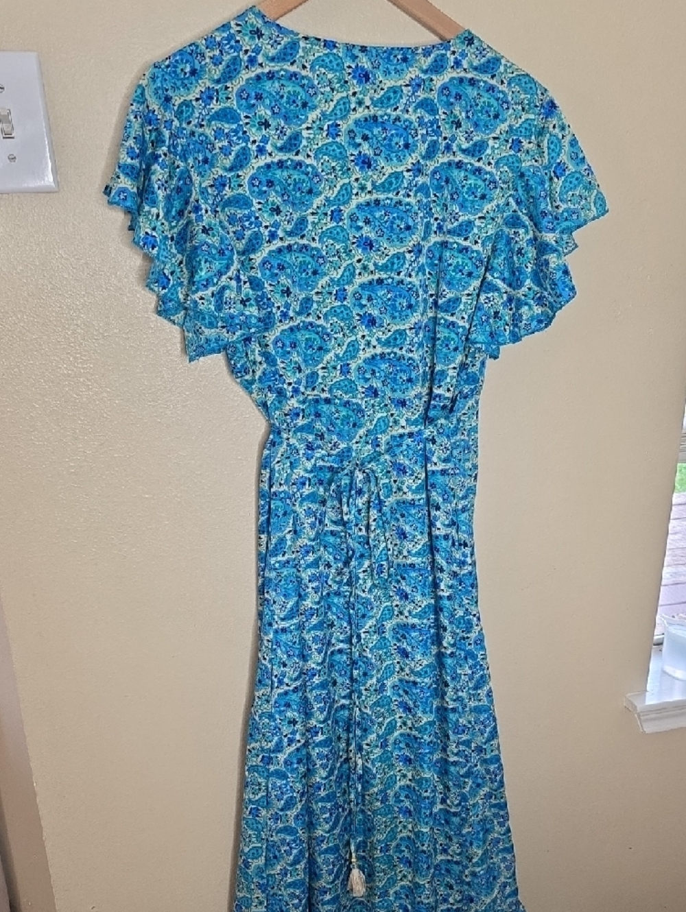 Vintage Silk Wrap Maxi Dress Blue Paisley Boho Womens M/L Cottagecore Resortwear - Picture 5 of 14